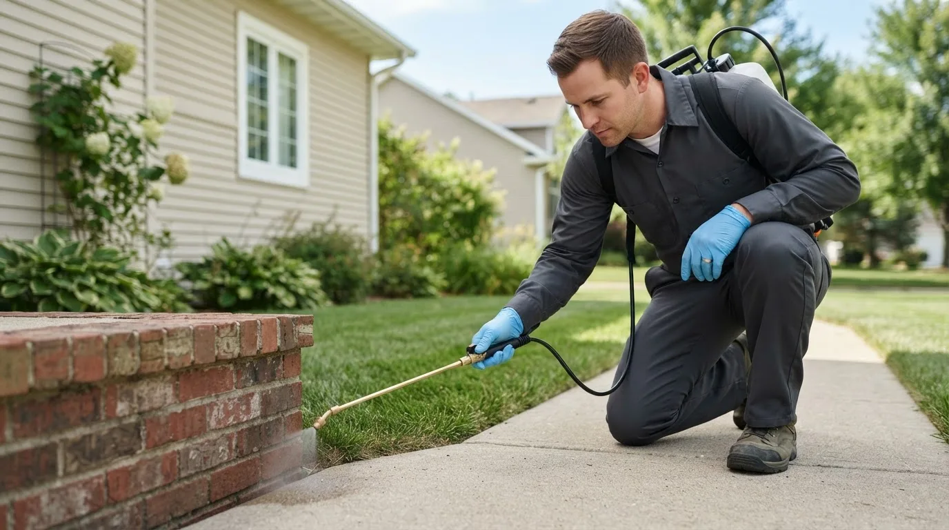 Pest control technician treating a home near Pleasant Ridge, MI